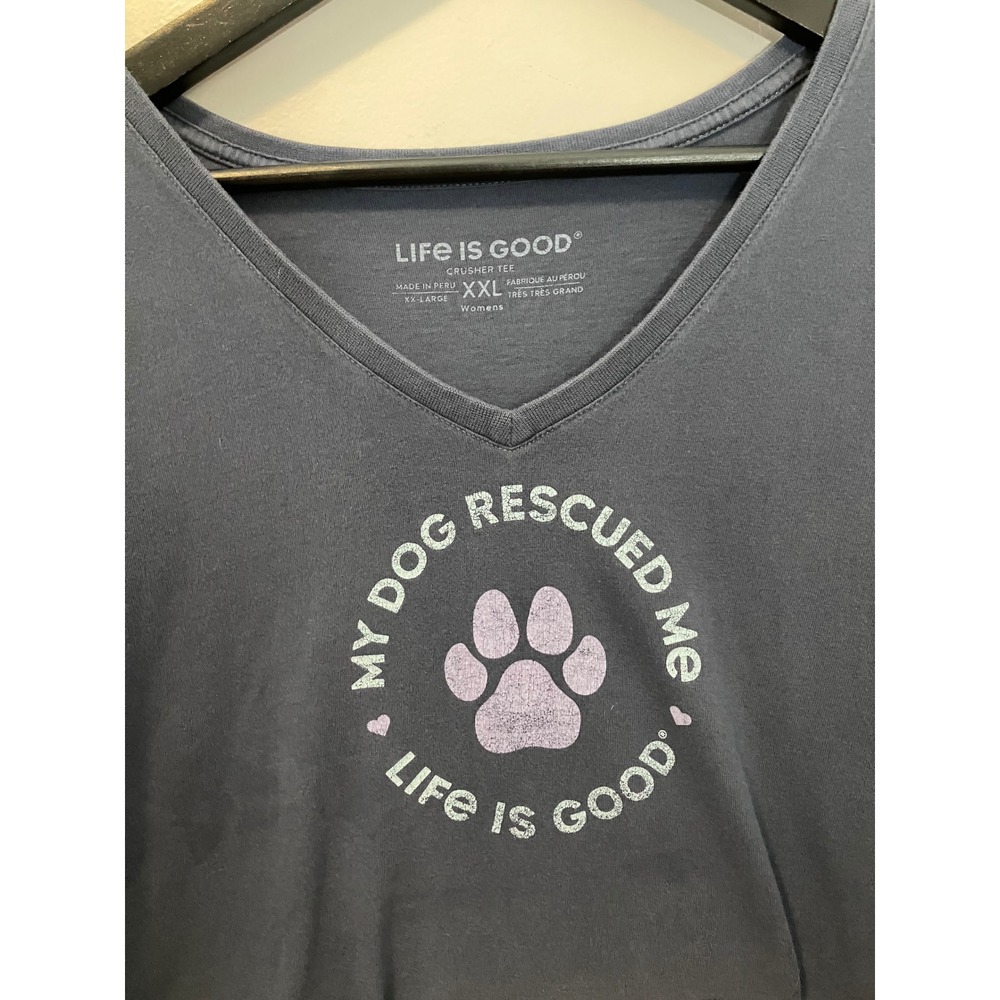 Life is Good Womens XXL Crusher Tee My Dog Rescued Me Blue V-Neck T-Shirt